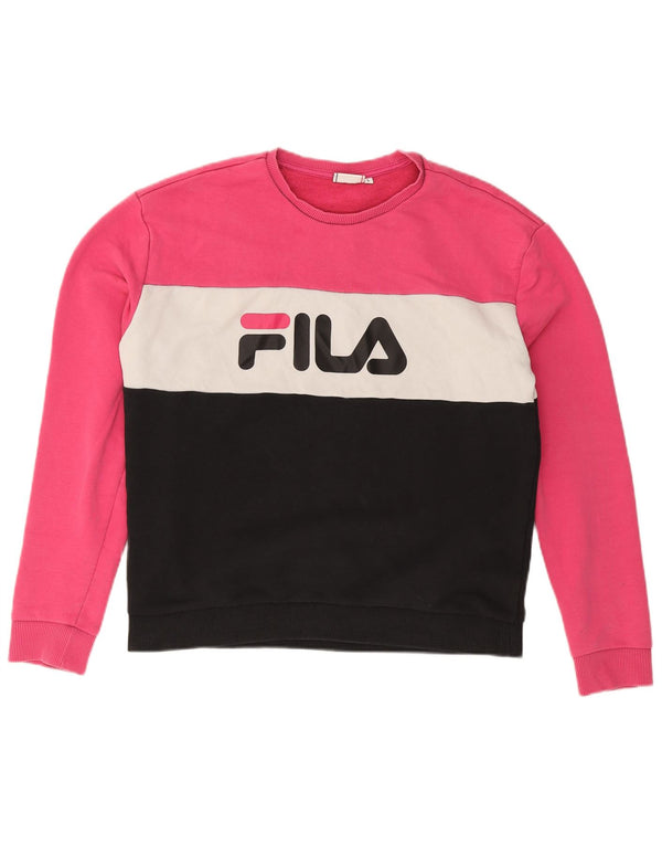 Fila Dame Grafisk Sweatshirt Jumper UK 16 Large Pink Colourblock Bomuld