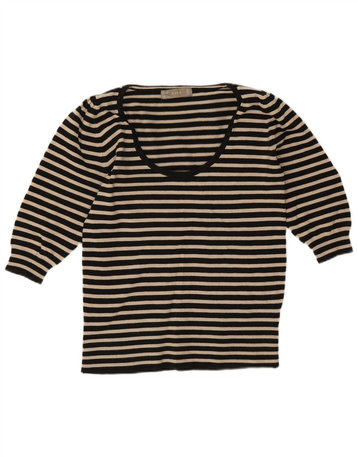 Zara Dame Top 3/4 ærmer UK 12 Mellem sort stribet bomuld