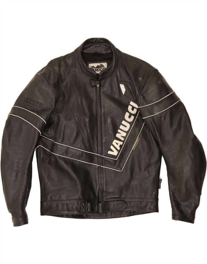 VANUCCI Mens Leather Graphic Racer Jacket IT 54 2XL Black Leather Vintage Vanucci and Second-Hand Vanucci from Messina Hembry 