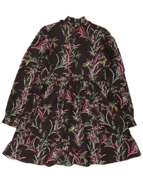 Ted Baker Dame Langærmet Tiered Kjole Størrelse 1 XS Sort Floral Bohemian