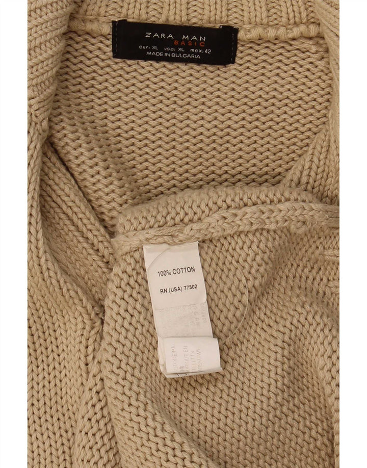 Zara Herre Button Neck Jumper Sweater XL Beige Bomuld