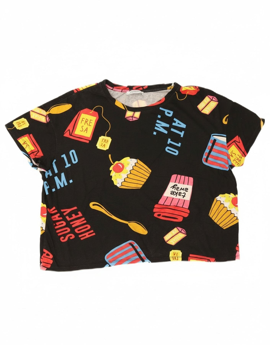 Zara Womens Crop Oversized grafisk T-shirt top UK 14 Medium Black