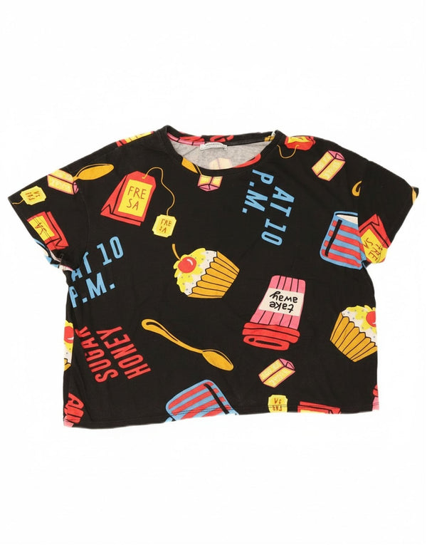 Zara Womens Crop Oversized grafisk T-shirt top UK 14 Medium Black