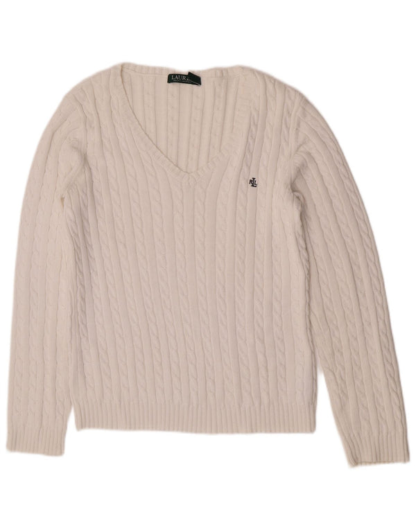 Ralph Lauren Dame V-hals sweater UK 16 Stor hvid bomuld