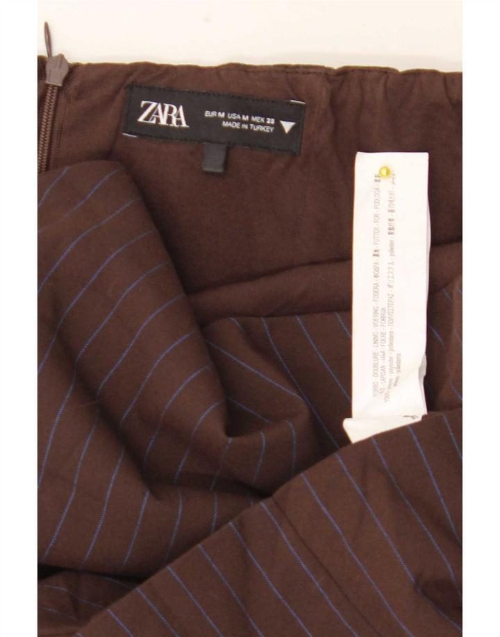 Zara Dame Stropløs Kjole UK 12 Medium Brun Nålestribet Polyester