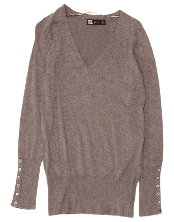 Zara Dame V-hals sweater UK 10 Small Grey Rayon