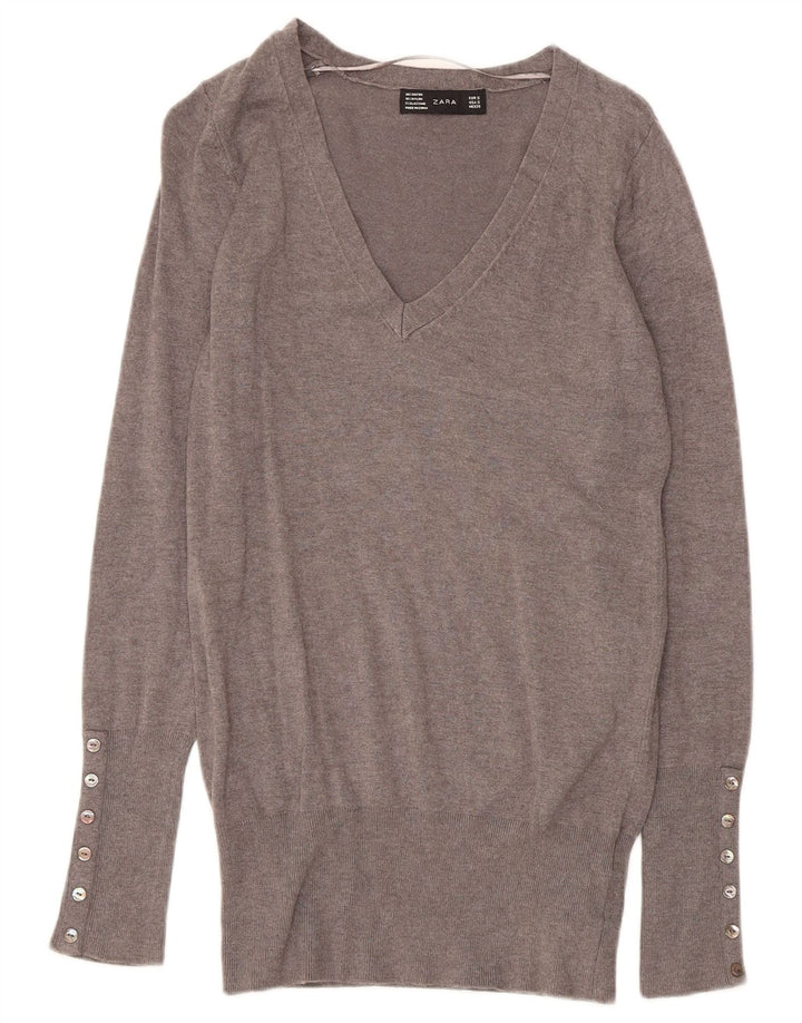 Zara Dame V-hals sweater UK 10 Small Grey Rayon
