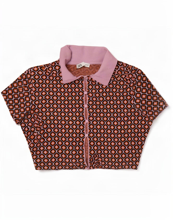 Zara Womens Crop Cardigan Top UK 16 Large Multicolored Geometric
