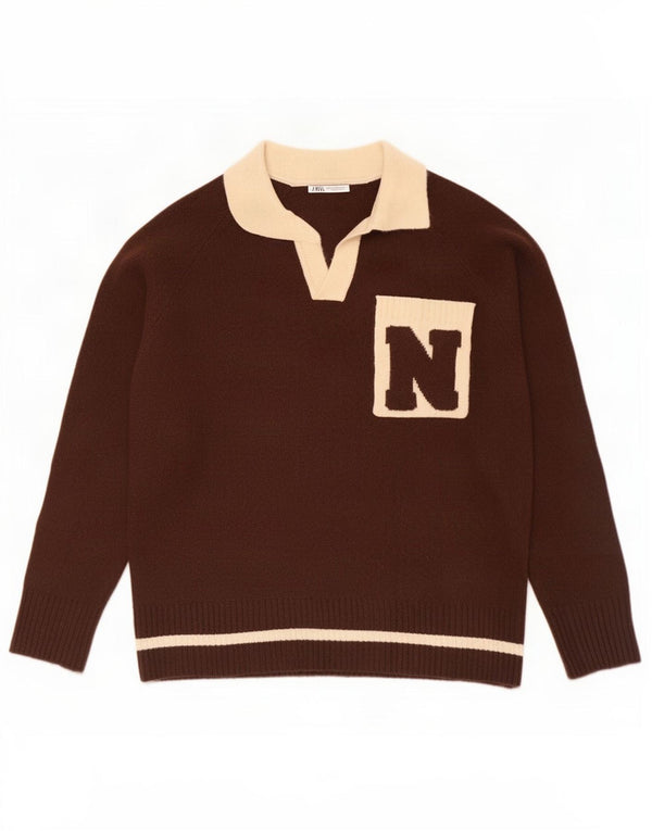 Zara Mens Graphic Polo Neck Jumper Sweater Medium Brown Colourblock Acrylic
