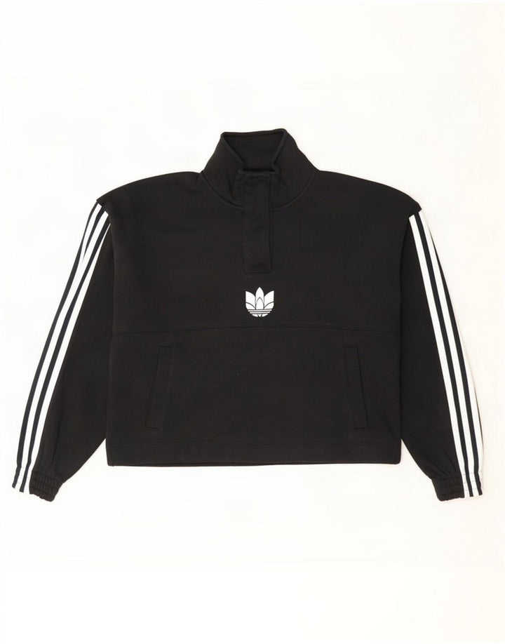 Adidas Dame Oversized Crop Button Neck Sweatshirt Jumper UK 8 Small Black