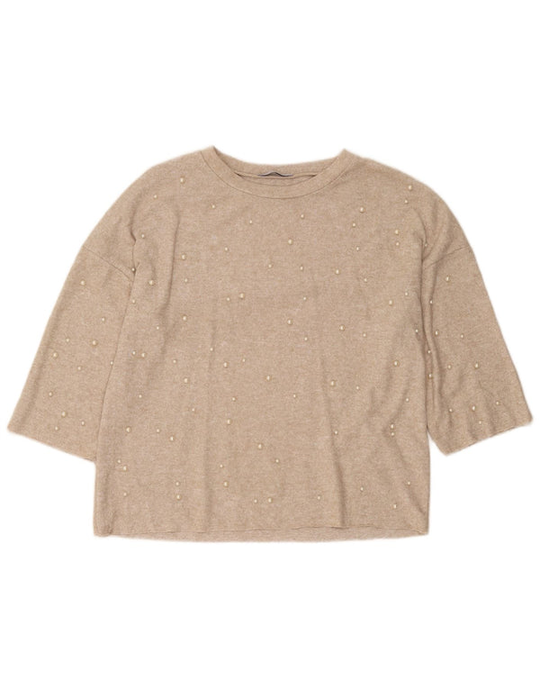 Zara Dame Trafaluc Pullover Top 3/4 ærmer UK 10 Small Beige Flecked