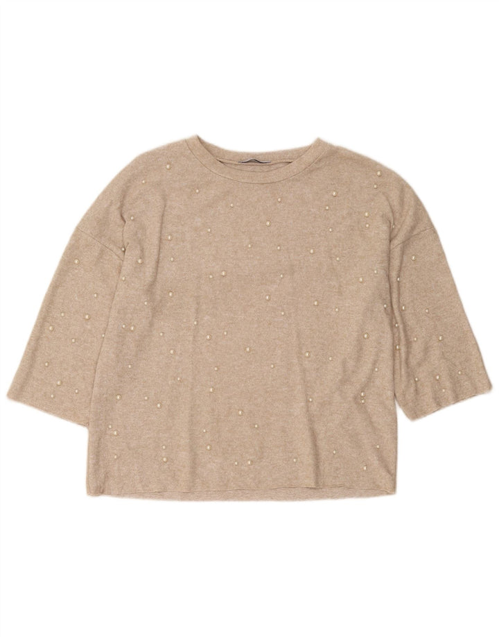 Zara Dame Trafaluc Pullover Top 3/4 ærmer UK 10 Small Beige Flecked