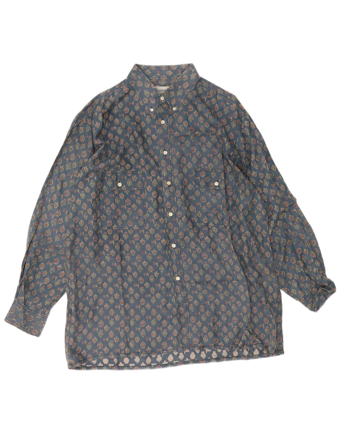 Vintage herre abstrakt mønster skjorte 2XL blå geometrisk silke
