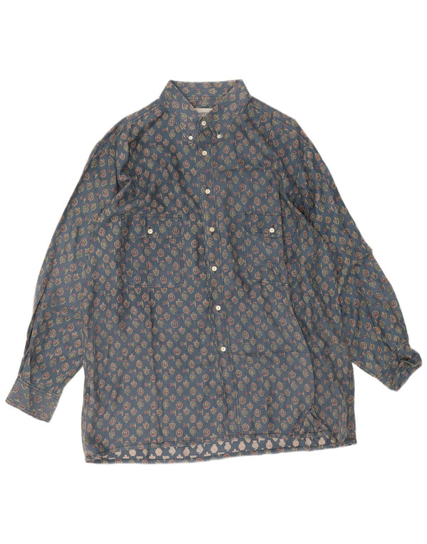 Vintage herre abstrakt mønster skjorte 2XL blå geometrisk silke