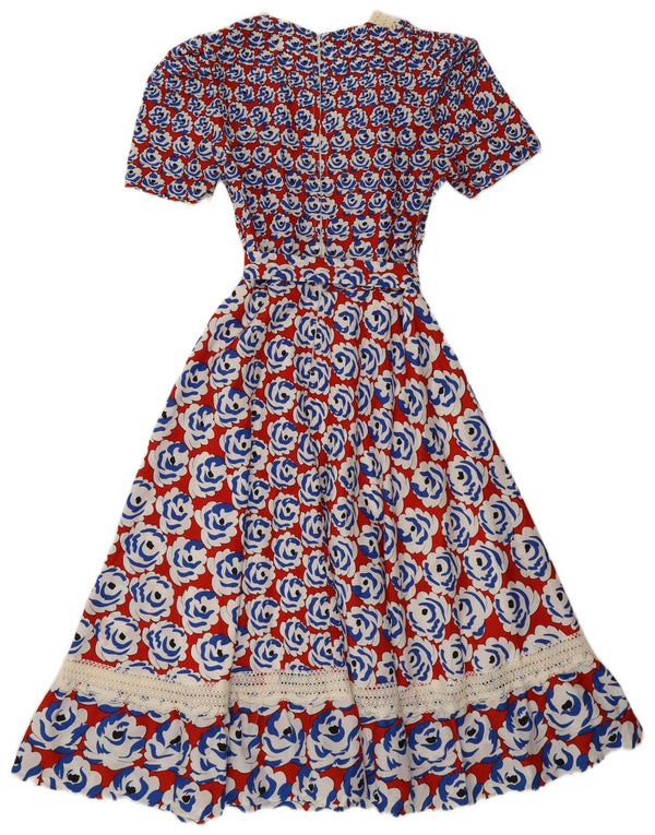 Vintage Dame Maxi A-Line Kjole UK 8 Small Red Floral Retro