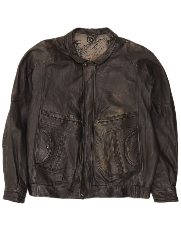 Vintage Herre Læder Bomber Jacket IT 54 2XL Sort