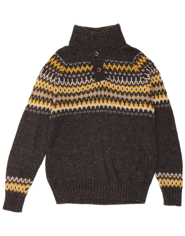 Fat Face Herre Button Neck Jumper Sweater Medium Grey Fair Isle Wool