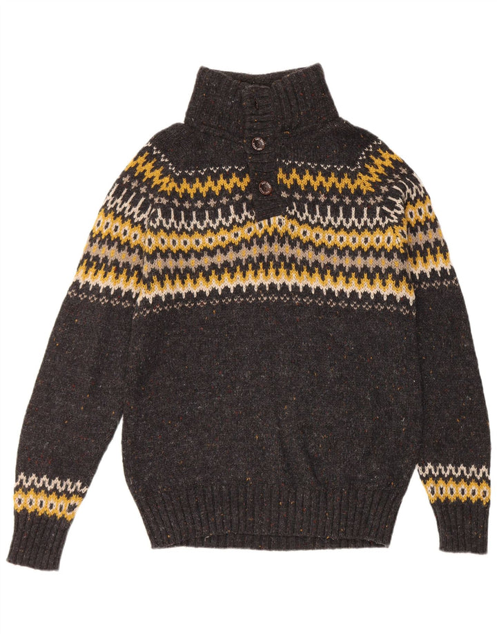 Fat Face Herre Button Neck Jumper Sweater Medium Grey Fair Isle Wool