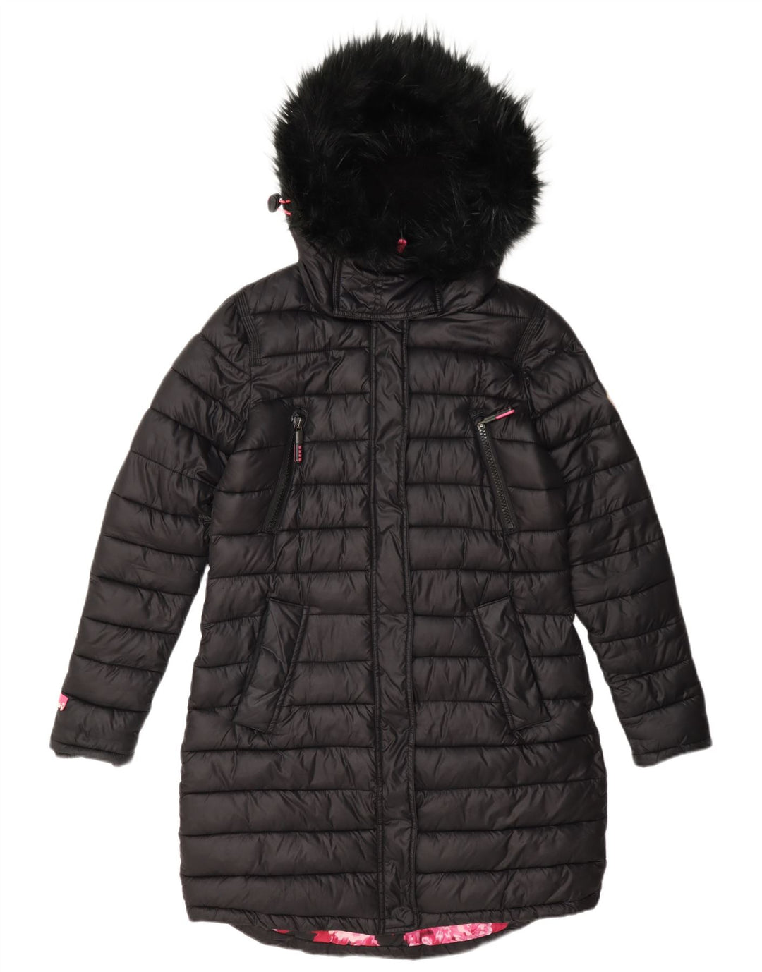 Superdry Polstret frakke med hætte til kvinder UK 12 Medium Black Nylon