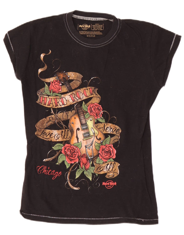 Hard Rock Cafe Dame Chicago Grafisk T-Shirt Top UK 8 Small Black Bomuld