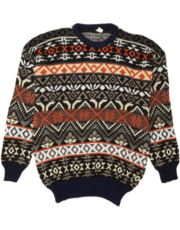 Vintage herre rund hals sweater stor marineblå Fair Isle akryl