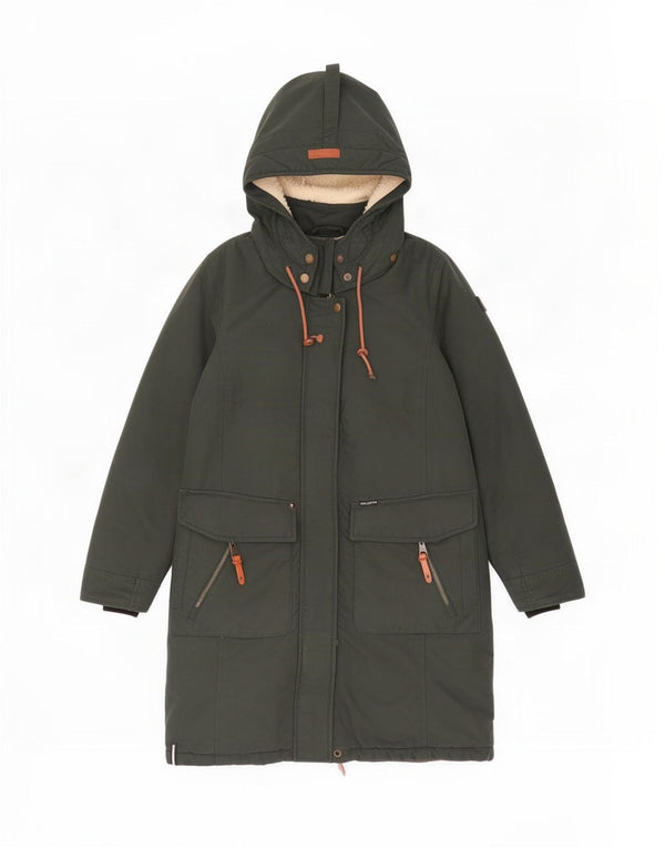 KHUJO Dame Oversized Sherpa Parka Jakke med hætte UK 10 Small Khaki Bomuld