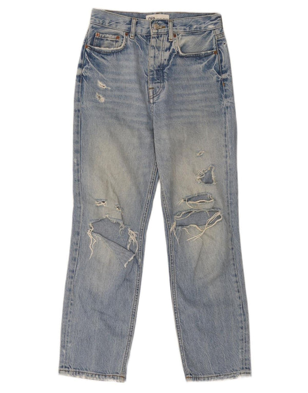 Zara Dame Distressed Tapered Jeans EU 34 2XS W24 L27 Blå Bomuld