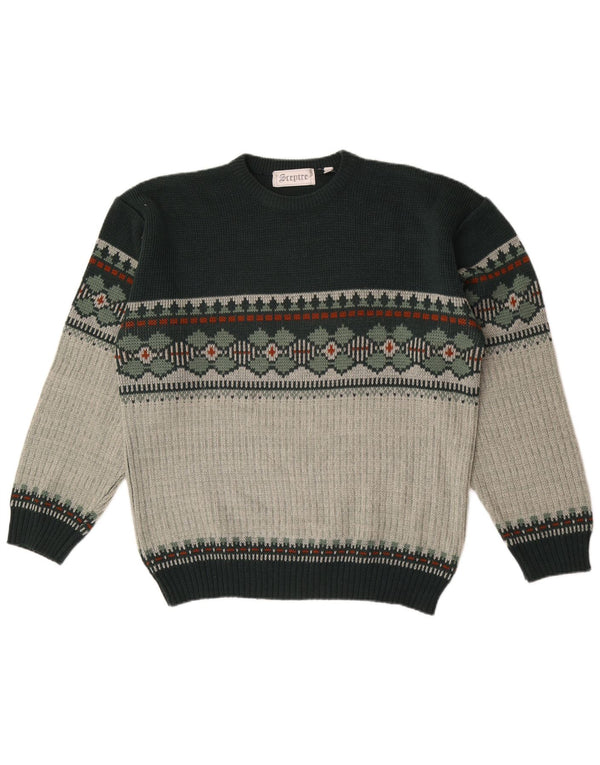 Vintage Herre Crew Neck Jumper Sweater Large Green Fair Isle Akryl