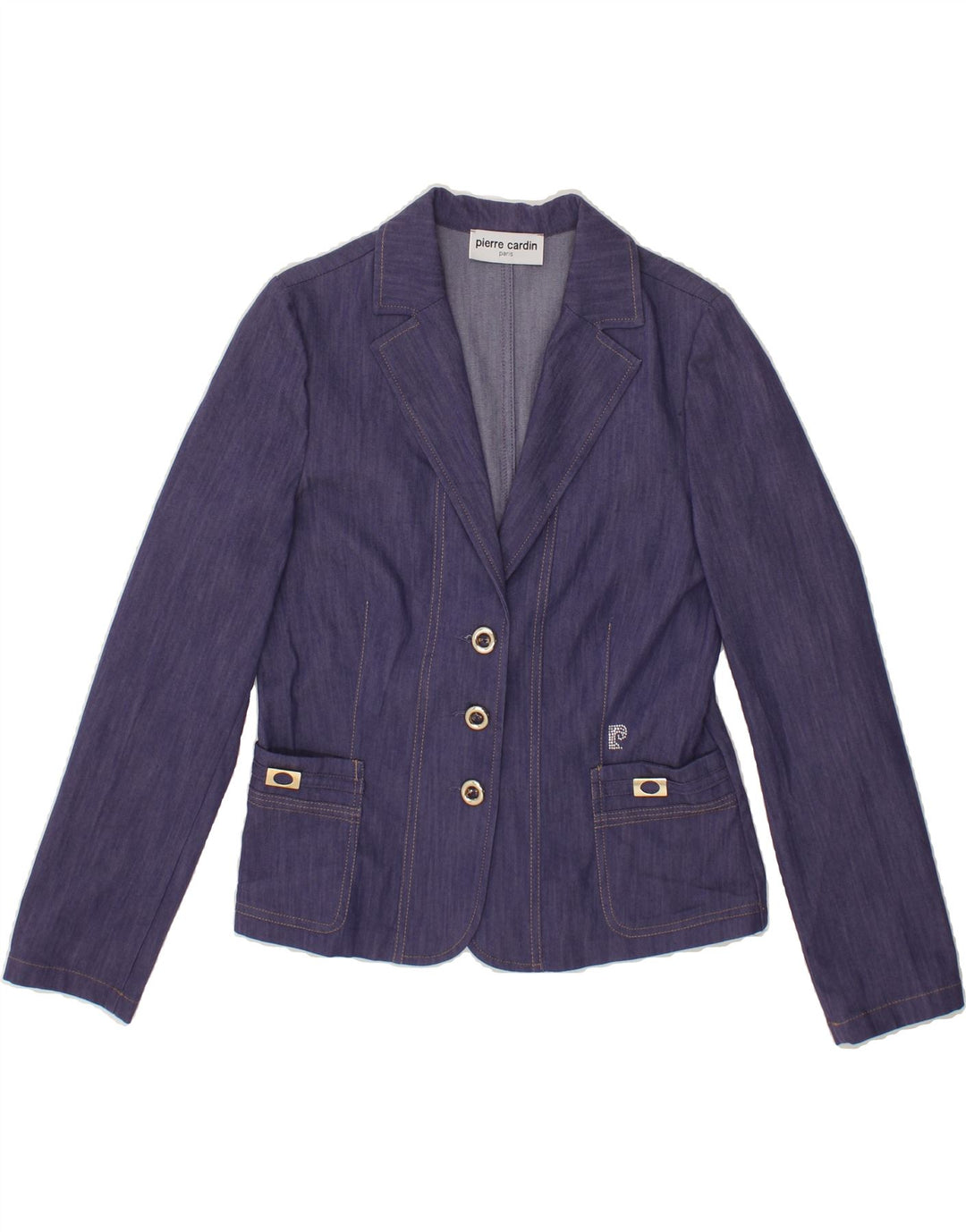 PIERRE CARDIN Womens Denim 3 Button Blazer Jacket IT 46 Large Blue Cotton Vintage Pierre Cardin and Second-Hand Pierre Cardin from Messina Hembry 