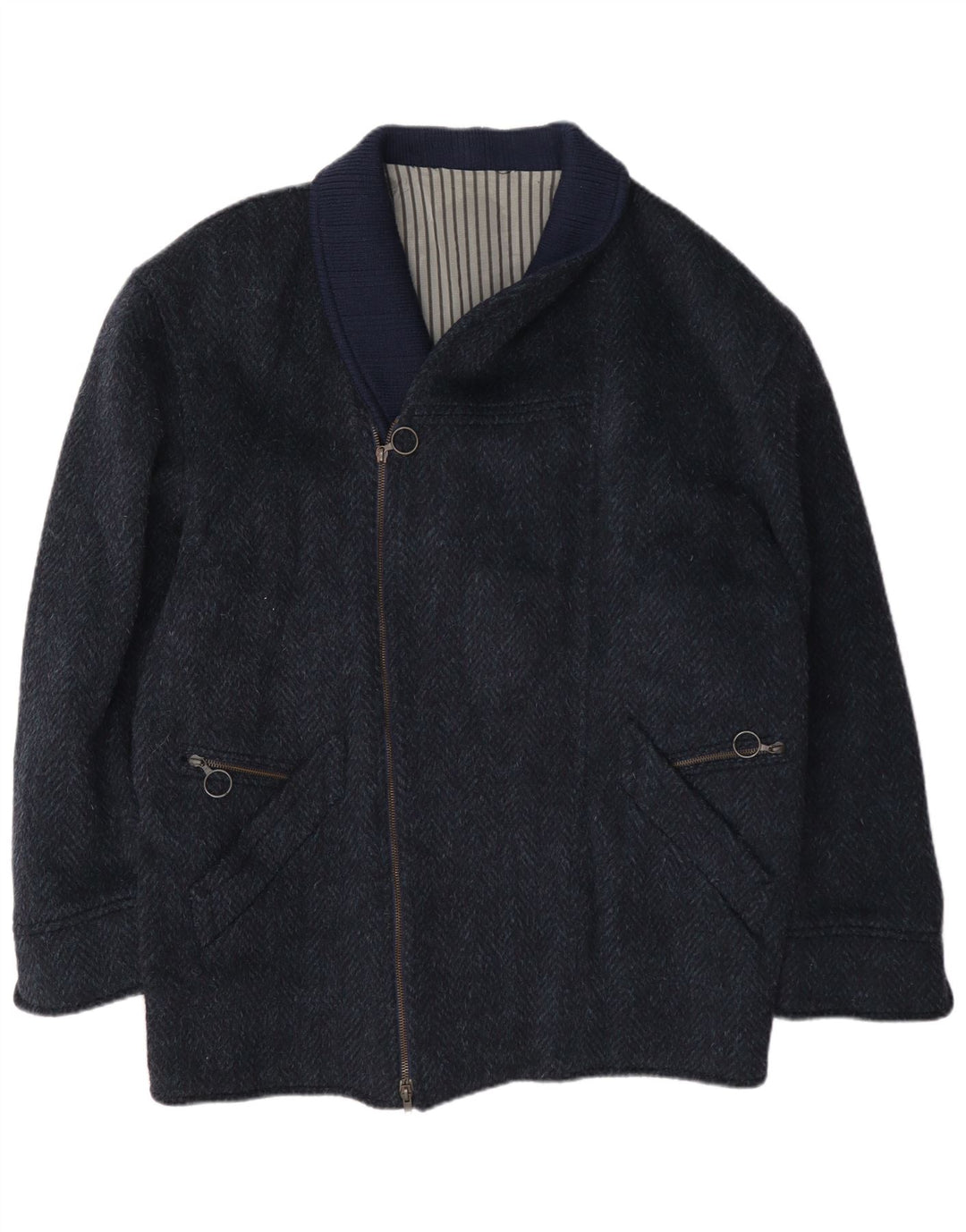Nazareno Gabrielli Herre Zip Overcoat UK 40 Large Navy Blue Herringbone