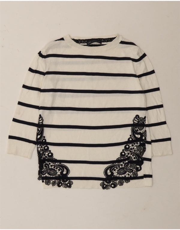 Marks & Spencer Dame Top 3/4 ærme UK 8 Lille hvid stribet bomuld