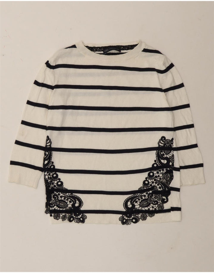Marks & Spencer Dame Top 3/4 ærme UK 8 Lille hvid stribet bomuld