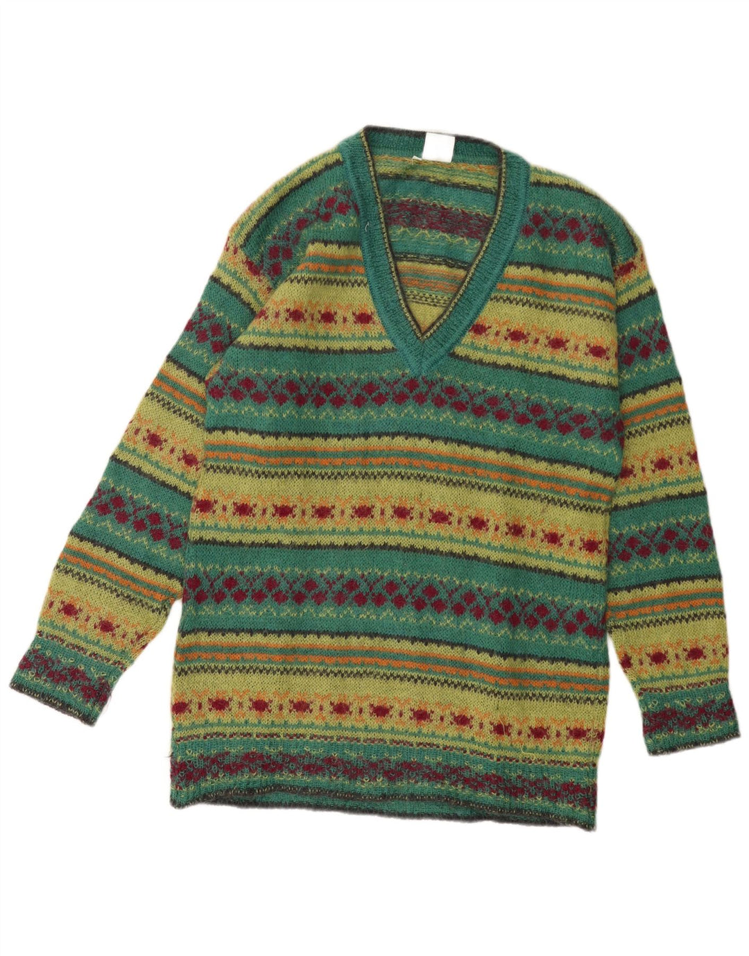 PIU VERONA Dame V-hals sweater UK 14 Medium Green Fair Isle