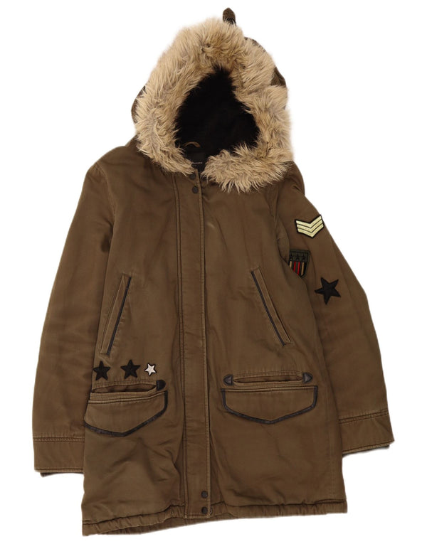 Zara Dame Oversized Sherpa Parka Jakke med hætte UK 6 XS Khaki