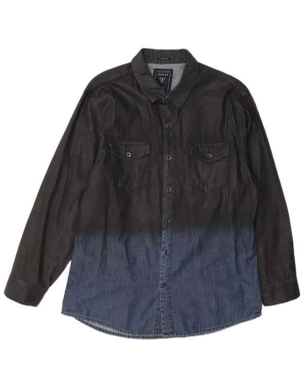 Guess Herre Slim Fit Denim Shirt UK 40 Medium Grey Colourblock Cotton