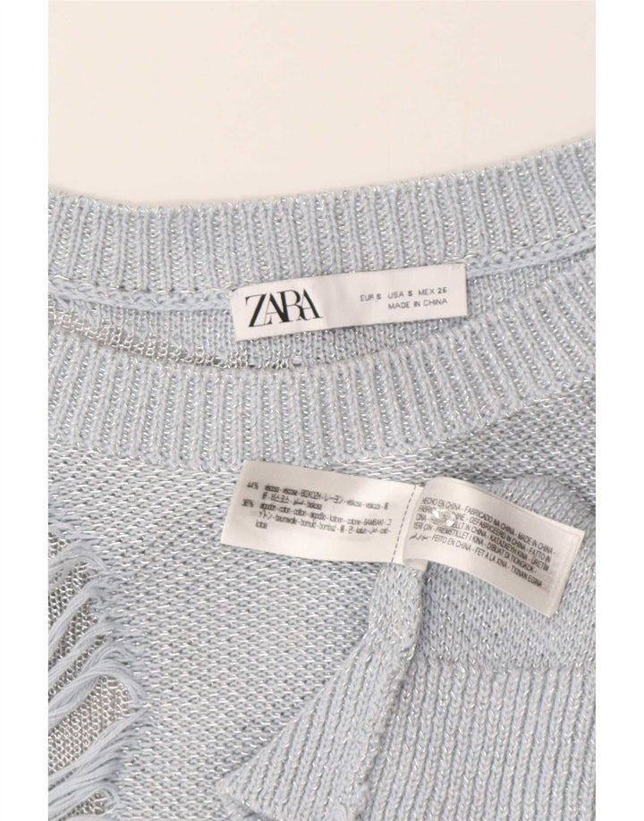 Zara Womens Distressed Oversized Boat Neck Jumper Sweater UK 10 Small Blue
