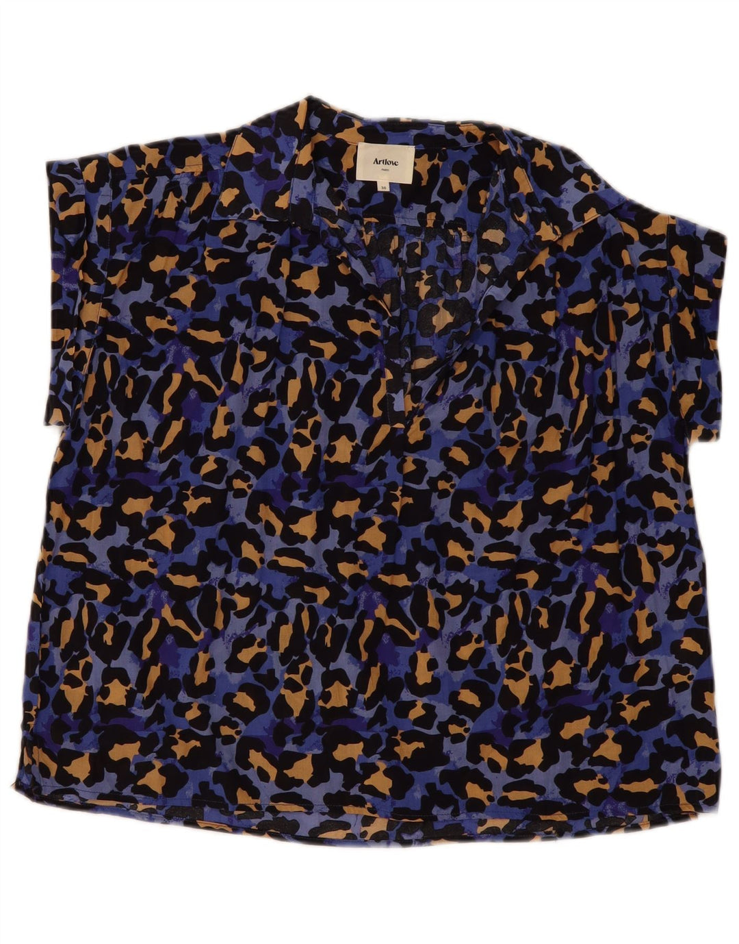 Vintage Dame Oversized Bluse Top EU 36 Small Blue Animal Print Bomuld
