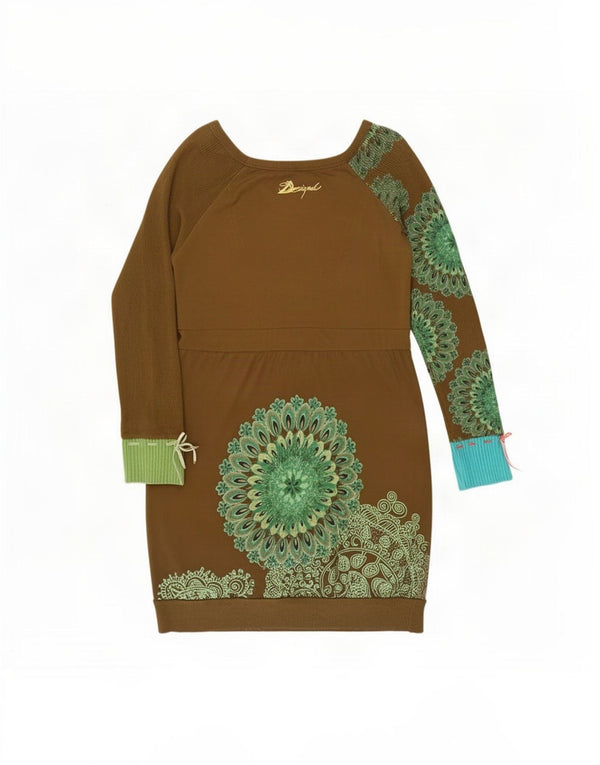 Desigual Dame Langærmet Skede Kjole UK 18 XL Khaki Blomster Bomuld