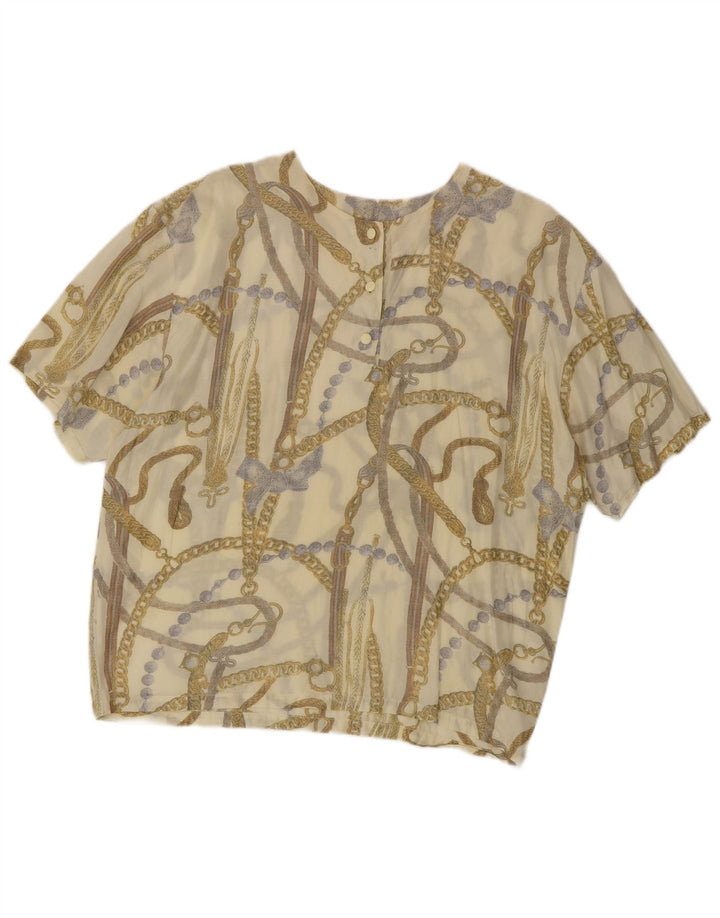 VINTAGE kvinders abstrakt mønster bluse Top UK 16 Stor Beige Akryl