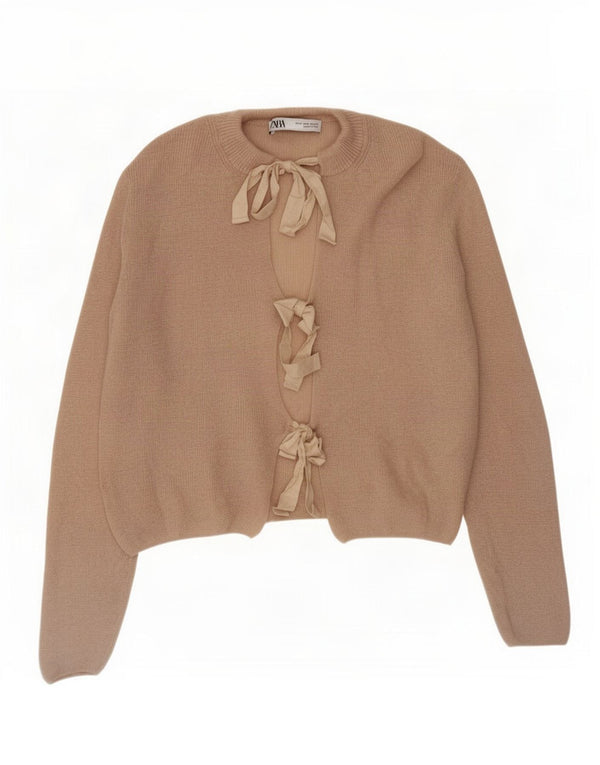 Zara Womens Crop Cardigan Sweater UK 14 Medium Beige Polyamid