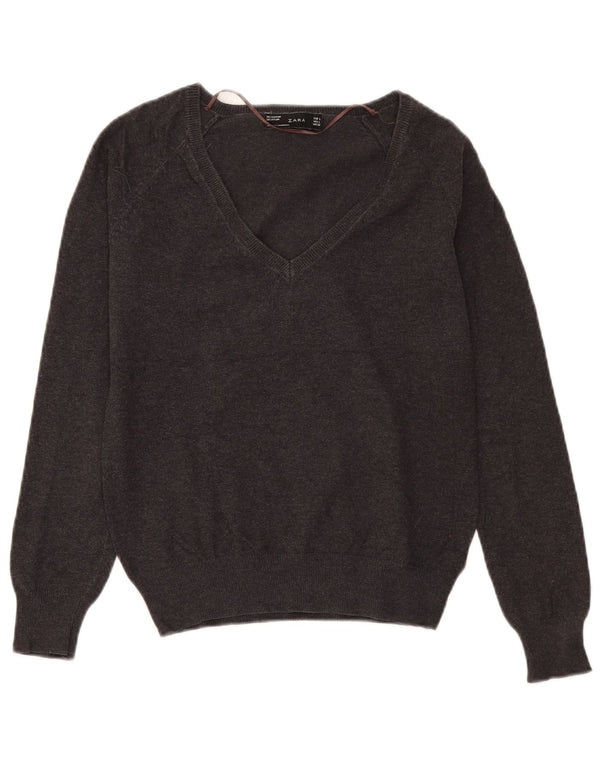 Zara Womens V-Neck Jumper Sweater UK 14 Large Grey Cotton