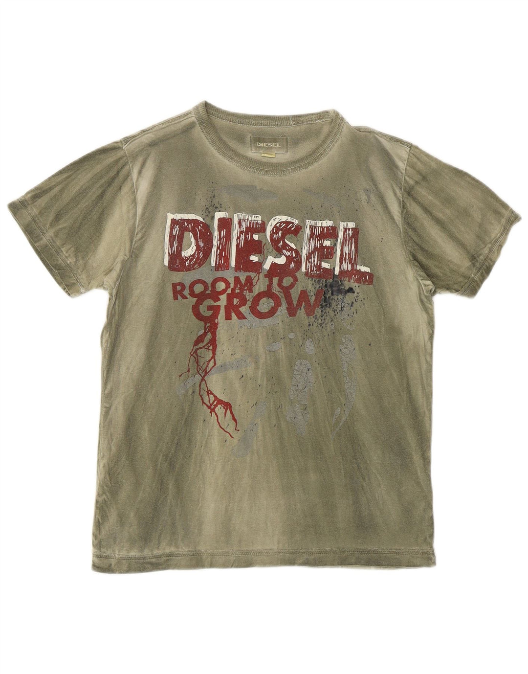 Diesel Dame Grafisk T-Shirt Top UK 14 Stor Khaki Tie Dye Bomuld