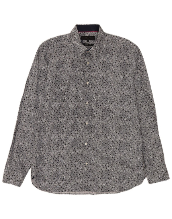 Ted Baker Herre Slim Fit Skjorte Størrelse 16 Large Navy Blue Floral Cotton