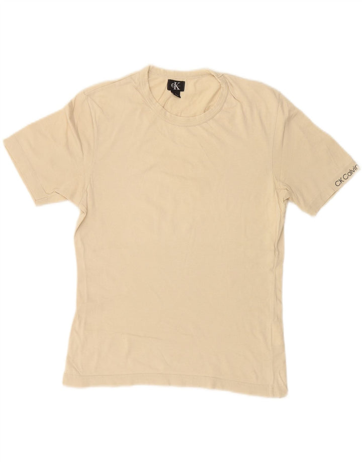 CALVIN KLEIN Dame T-Shirt Top UK 14 Stor Beige Bomuld