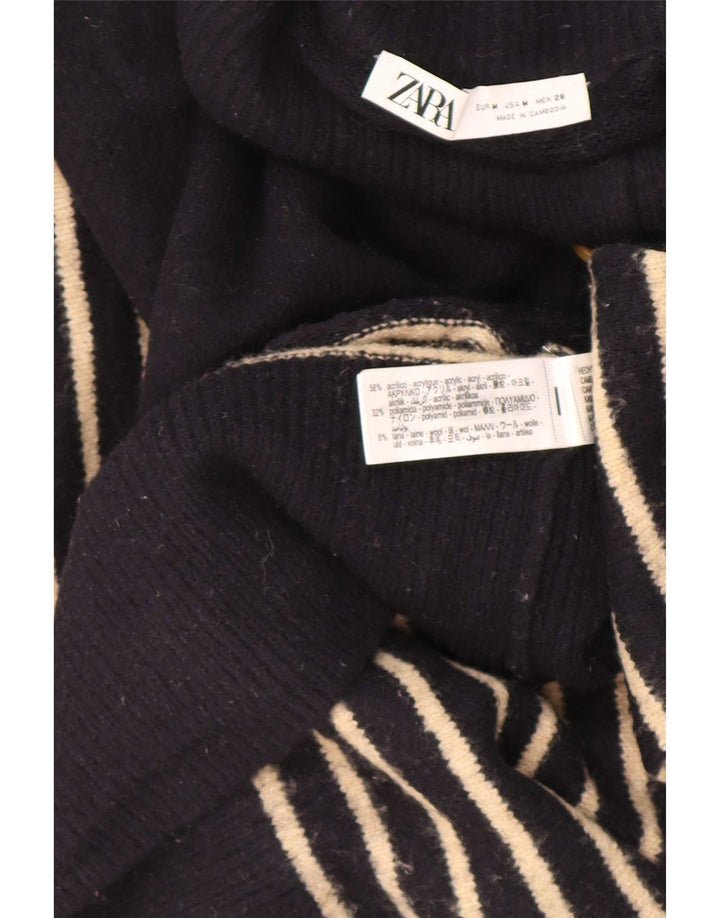 Zara Dame Button Neck Jumper Sweater UK 14 Medium Navy Blue Striped