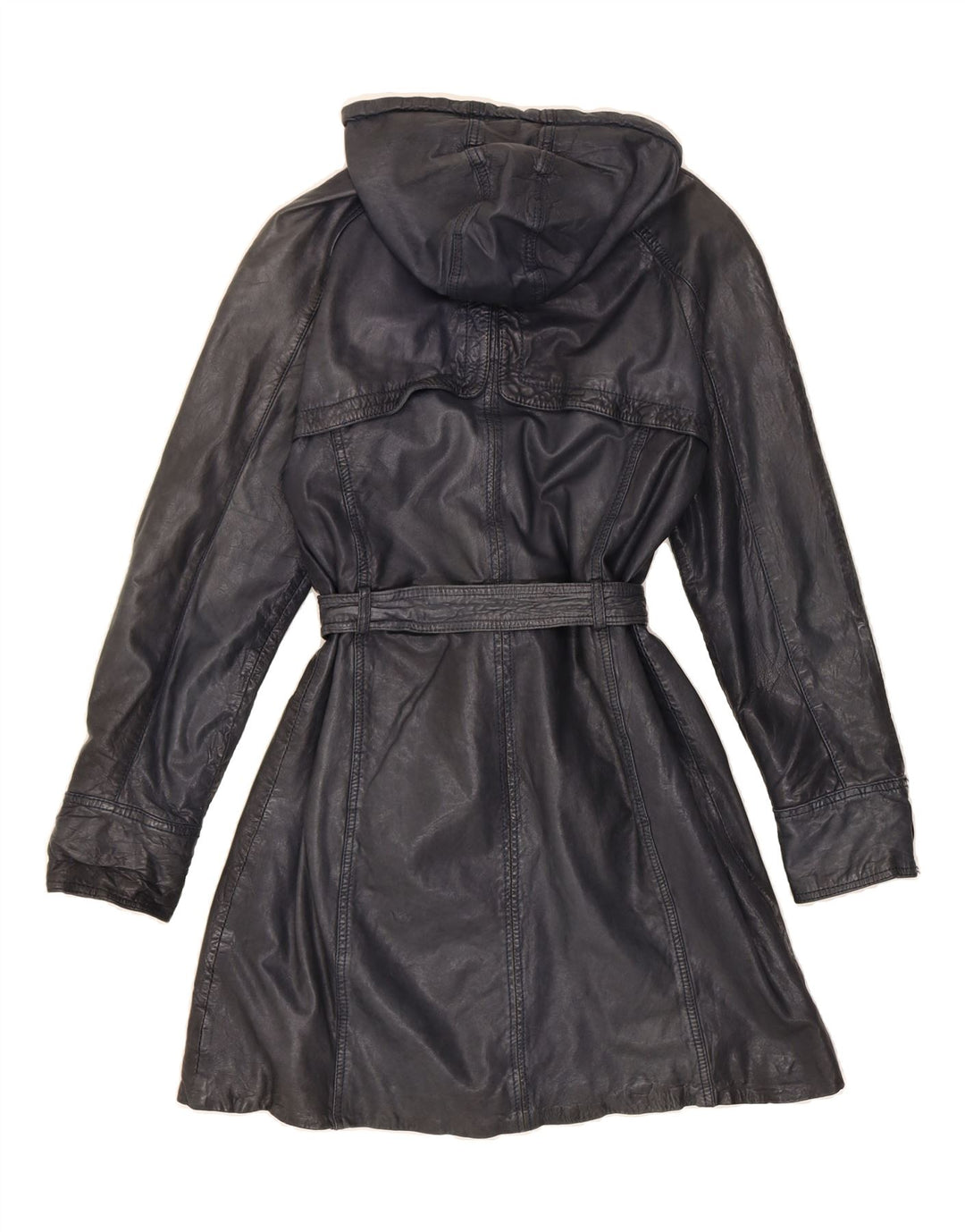 MAZE Womens Hooded Leather Coat UK 14 Large Navy Blue Leather Vintage Maze and Second-Hand Maze from Messina Hembry 