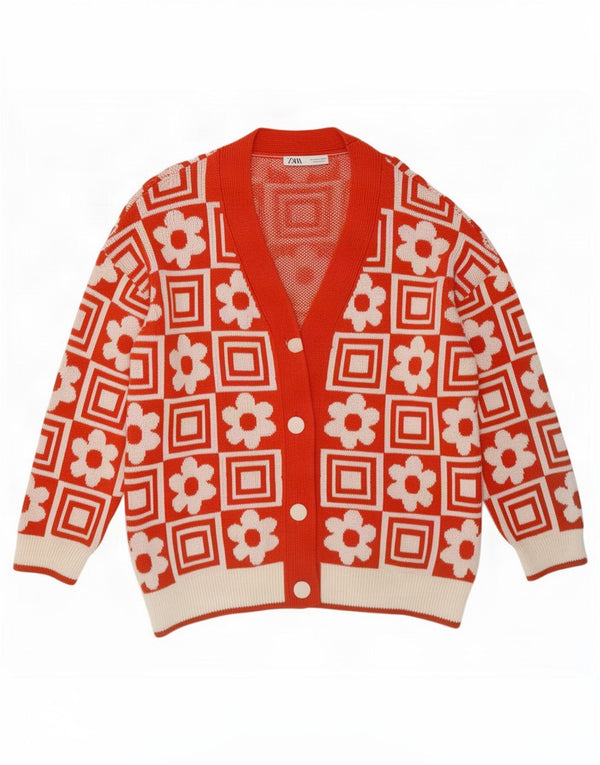 Zara Womens Oversized Cardigan Sweater UK 16 Large Red Floral Acryl