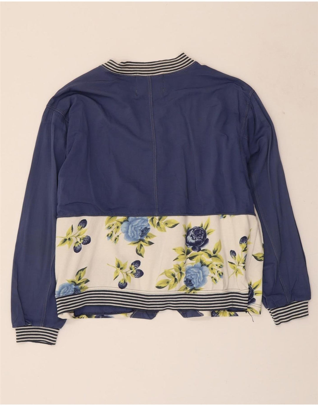 ROSE AND CROWN Womens Varsity Jacket UK 14 Medium Blue Floral Cotton Vintage Rose and Crown and Second-Hand Rose and Crown from Messina Hembry 