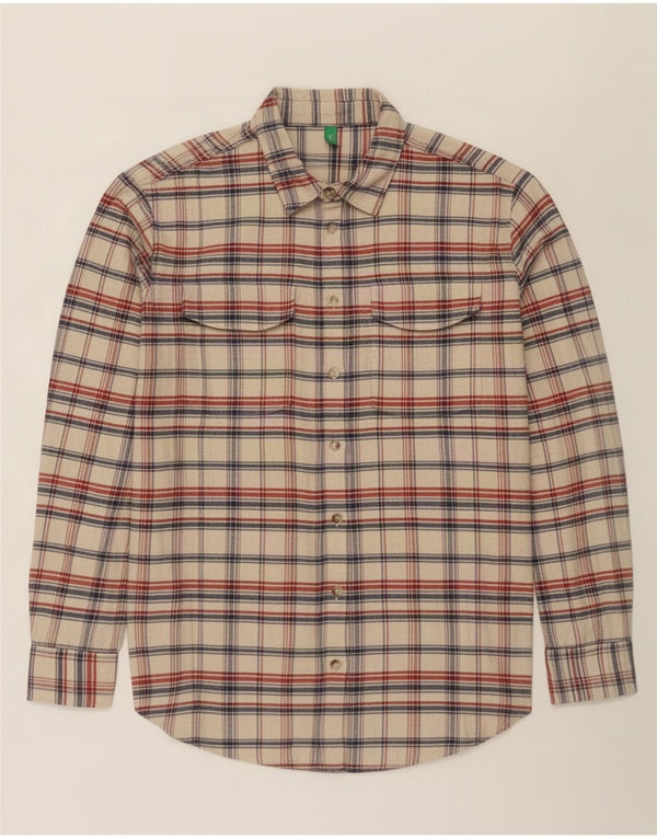Benetton Womens Flannel Shirt UK 16 Large Off White Plaid Cotton