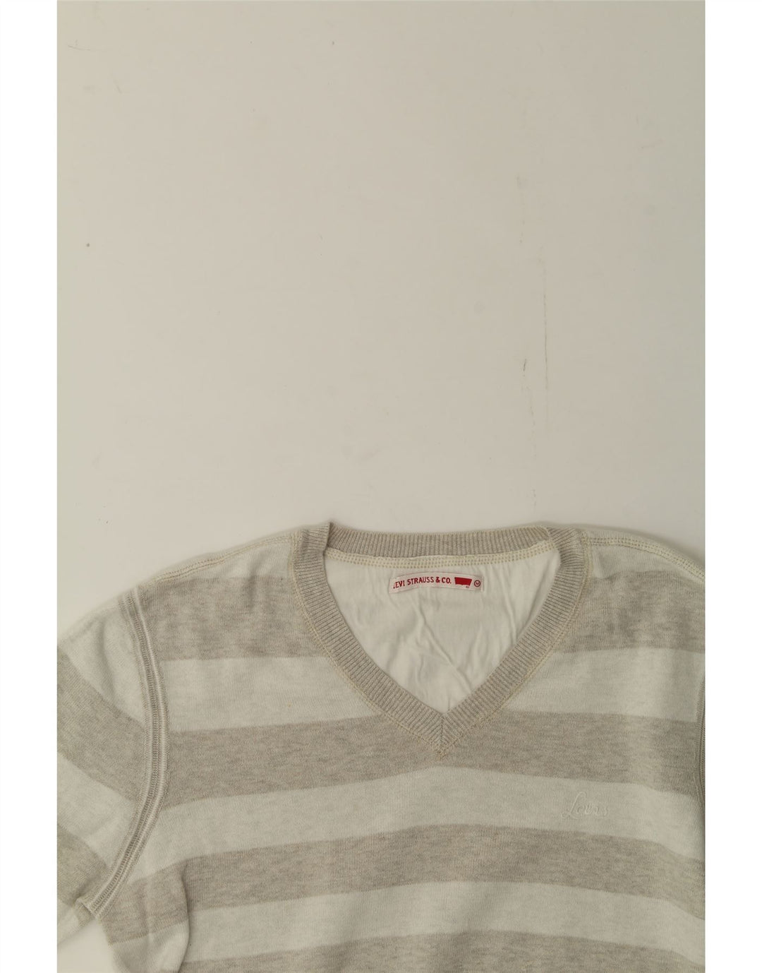 LEVI'S Womens V-Neck Jumper Sweater UK 14 Medium Grey Striped Cotton Vintage Levi's and Second-Hand Levi's from Messina Hembry 